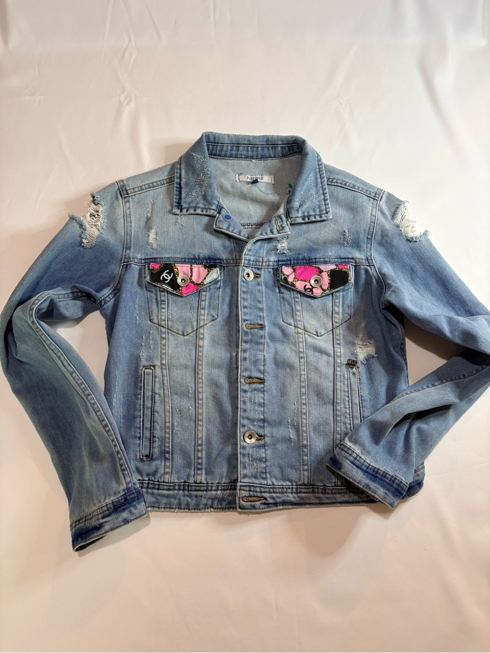 Distressed Light Wash Denim Jean Jacket Custom CC Patchwork Pink Graphic